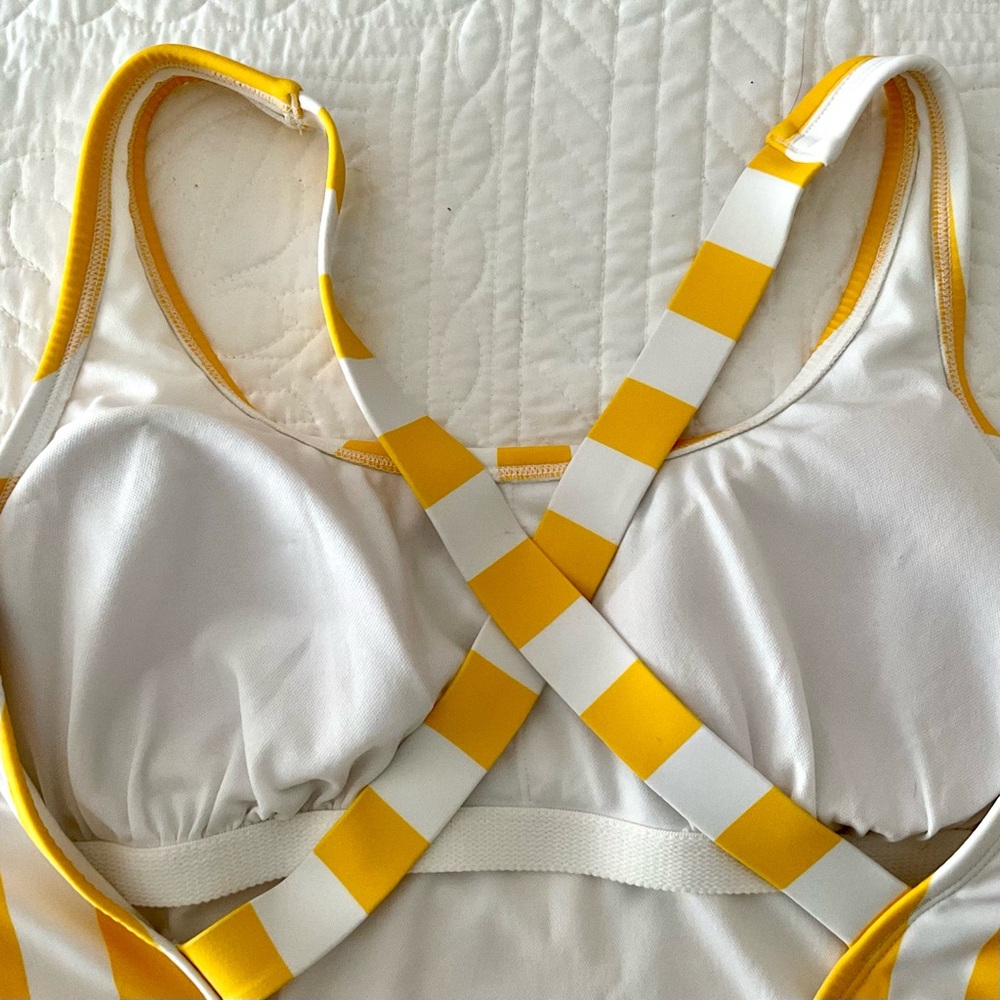 Shade & Shore Yellow and White Striped One Piece Swimsuit Cross Back Large NWOT - Picture 4 of 7